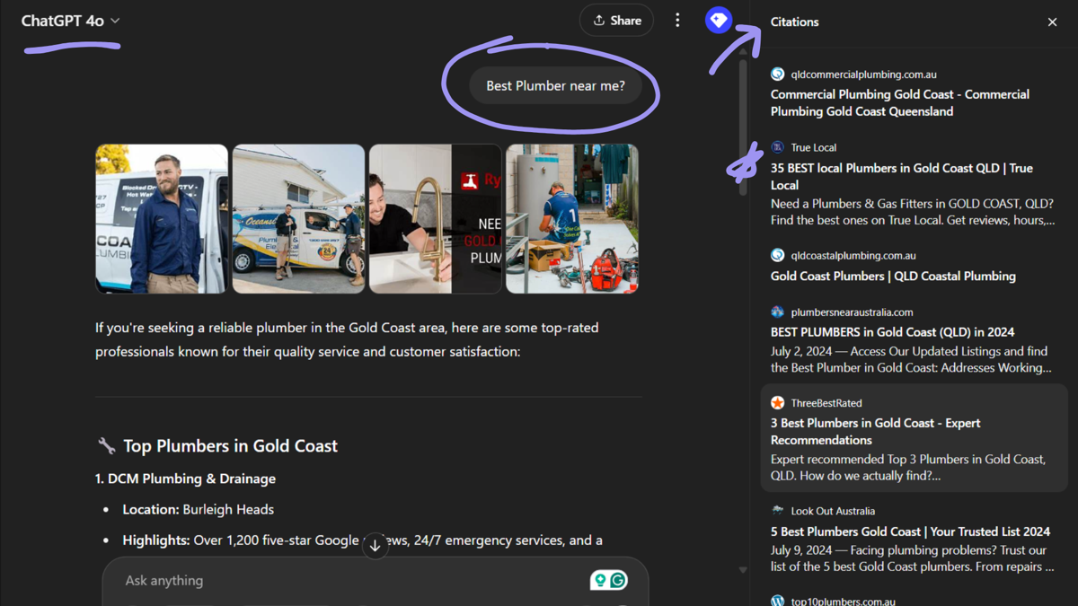 Example AI search result for "plumber near me" showing multiple review sources