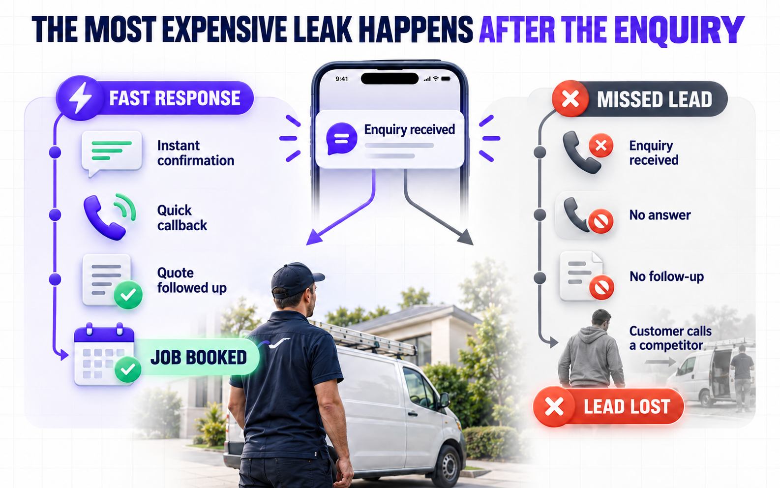 Comparison diagram: a fast response leads through instant confirmation, quick callback and quote follow-up to a booked job, while a missed lead with no answer and no follow-up ends with the customer calling a competitor