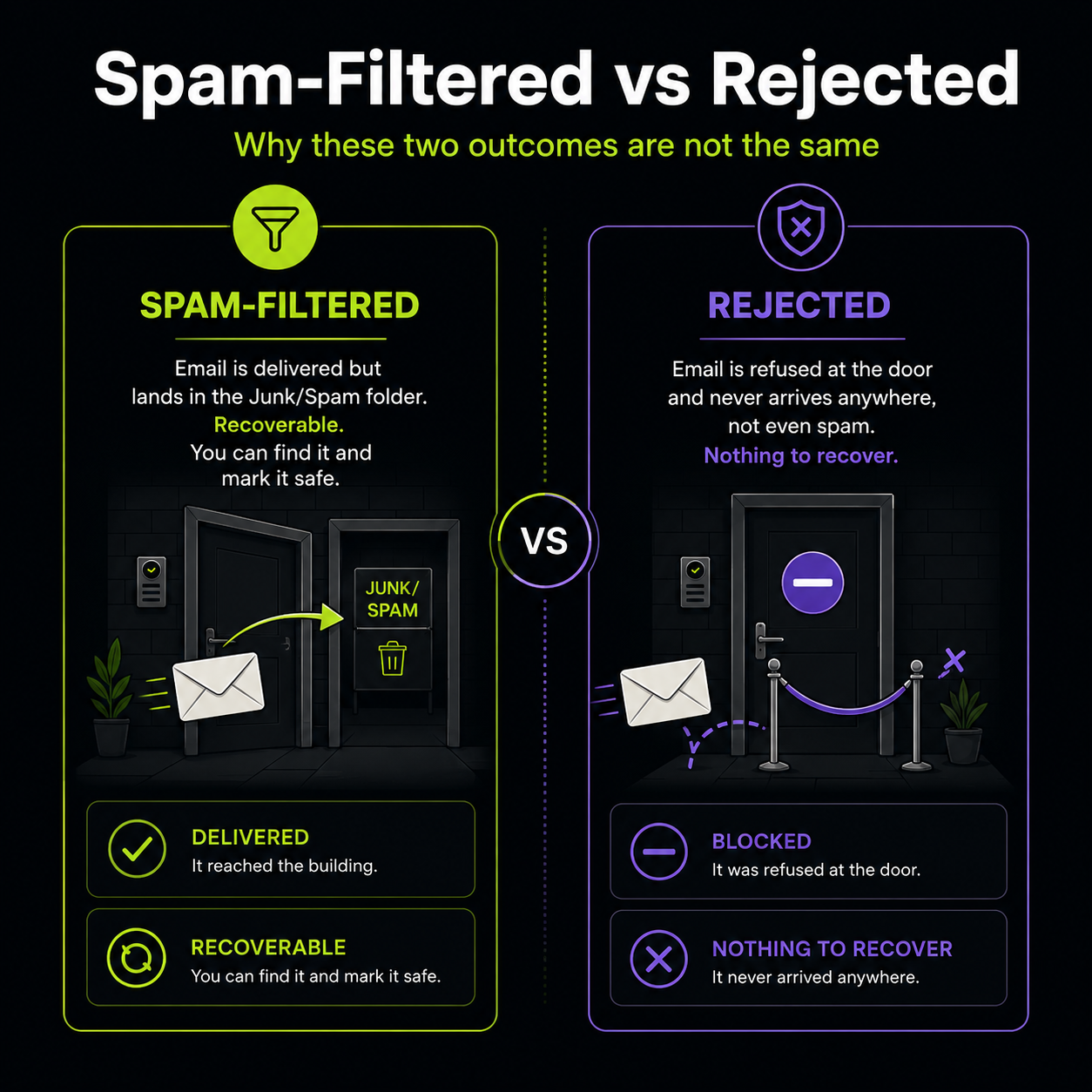 Side-by-side comparison diagram: spam-filtered email is delivered but lands in the Junk folder and is recoverable, versus a rejected email that is refused at the door and never arrives anywhere