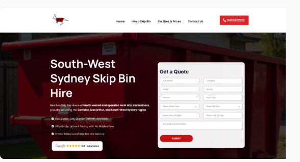 Red Roo Skip Bins website, a real New Wave client, with clear headline and quote form